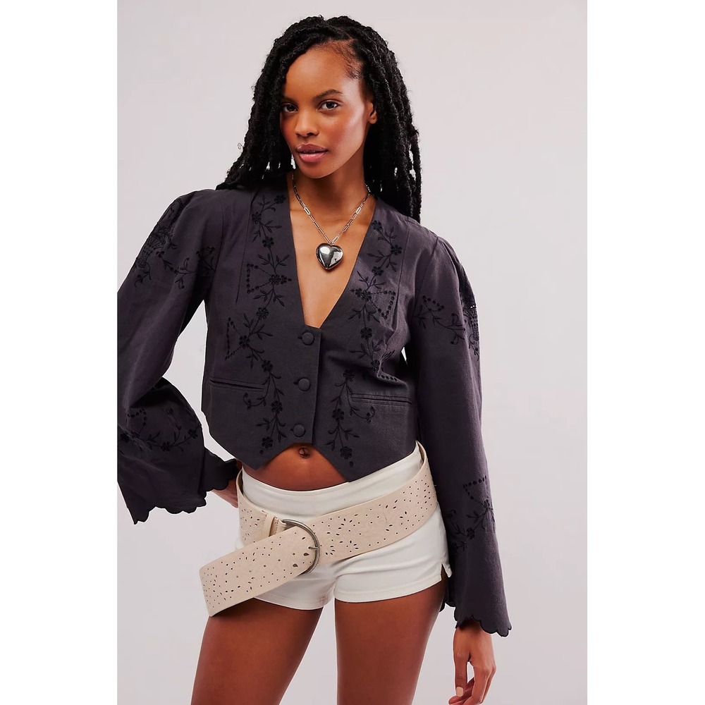Free‎ People Wild Daisy Jacket Embroidered Cropped Blazer Black Small OB1417578